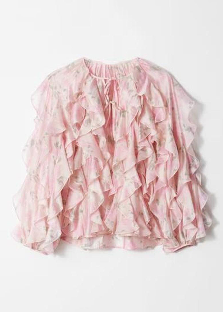 Shirt Women Tops Fall Patchwork Ruffled Chiffon Pink