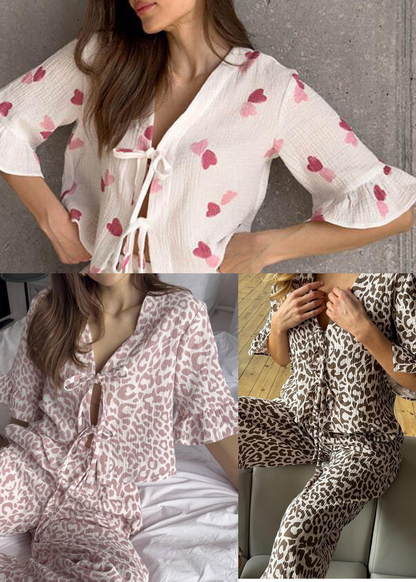 Lace Cotton Print Leopard Women Summer Purple Sets Pajama Up