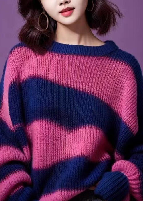 Frauen Lila O Hals Dicken Patchwork Stricken Pullover Winter WK029