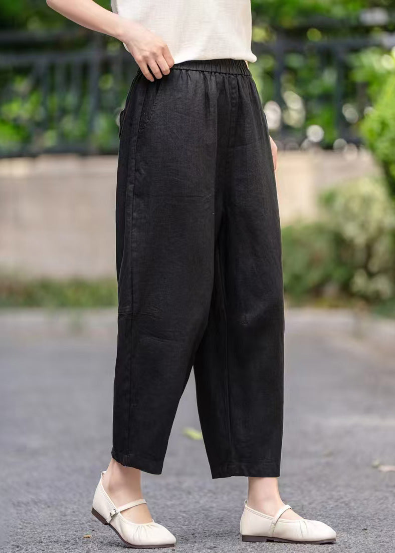 Elastic Pants Summer Pockets Women Waist Linen Crop Purple