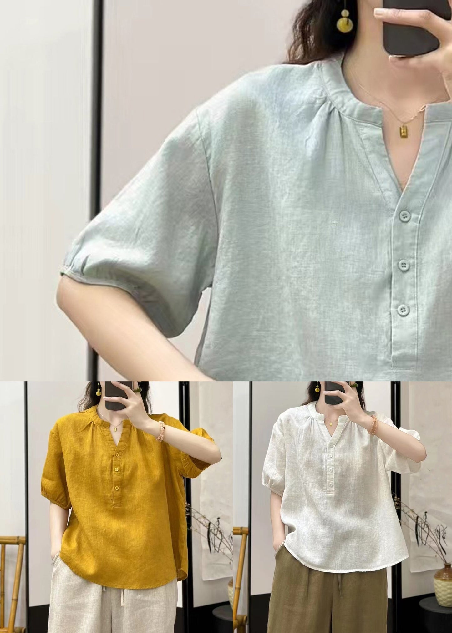Women Loose Linen Shirt Button Solid Blue Sky