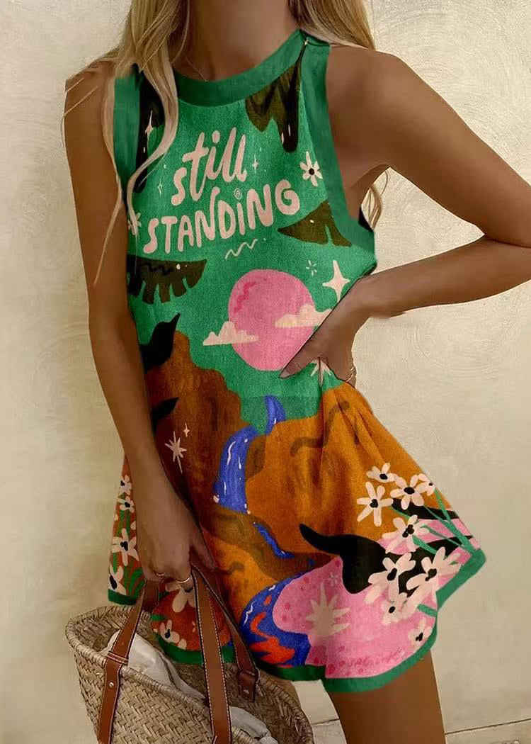 Women Sleeveless Patchwork White Neck Print Cotton Dresses O Mini