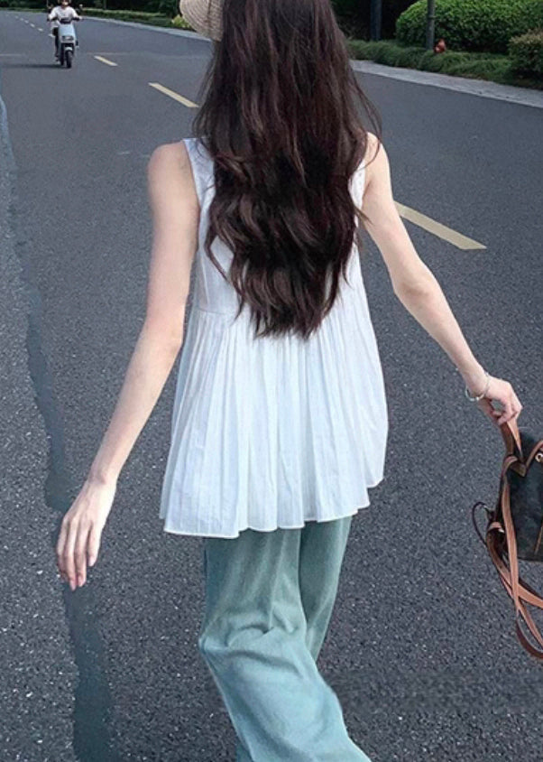 Square Sleeveless Shirt Women White Wrinkled Collar Cotton