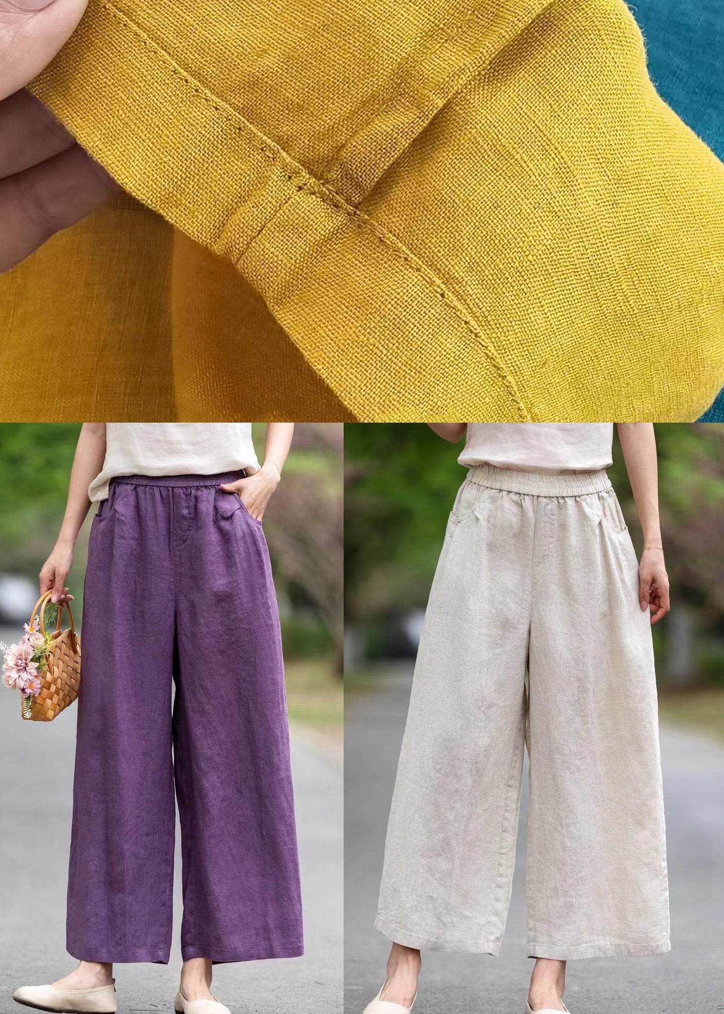 Pockets Pants Summer Linen Yellow Women Waist Elastic