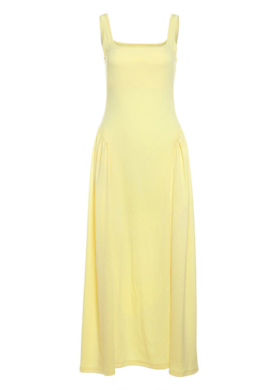 Dress Patchwork Women Yellow Cotton Collar Wrinkled Square Summer