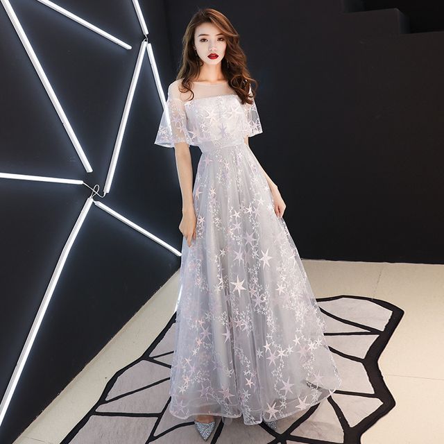 Star Embroidered Mesh A-Line Evening Gown / Cocktail Dress