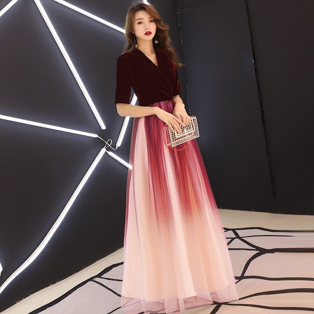 Short-Sleeve V-Neck Ombre A-Line Evening Gown