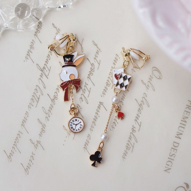 Rabbit Asymmetrical Poker Earring Drop Enamel Clip On /