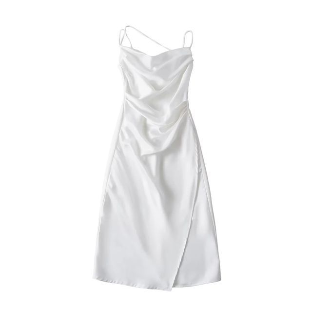 Thin Strap Cowl Neck Ruched Satin Midi Bodycon Dress