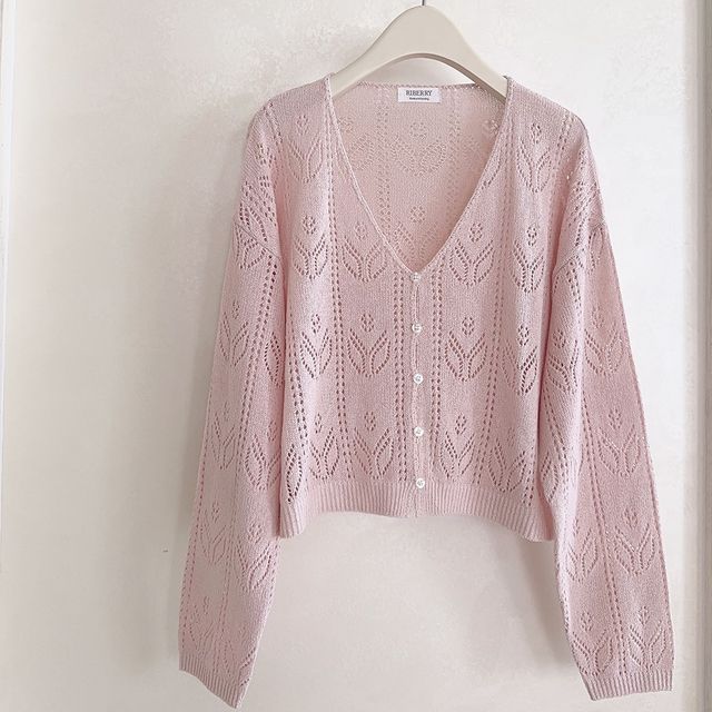 V-Neck Button-Up Pointelle Knit Cardigan