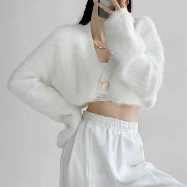 Fluffy V-Neck Button-Up Crop Cardigan
