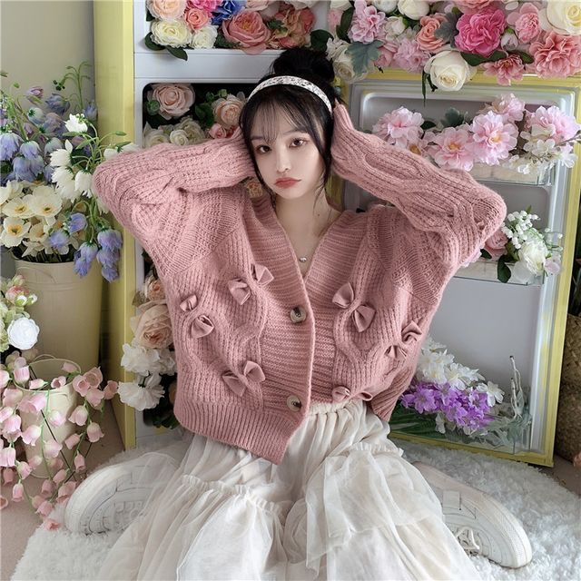 V-Neck Bow Button-Up Cardigan