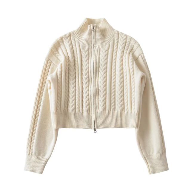 Cable-Knit Zip-Up Cardigan Long Sleeve