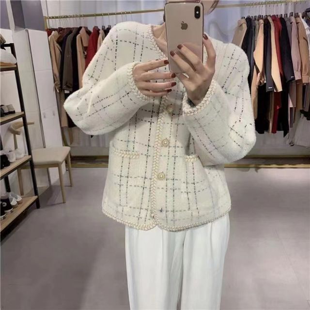 Plaid Braided Trim Pearl Button Cardigan