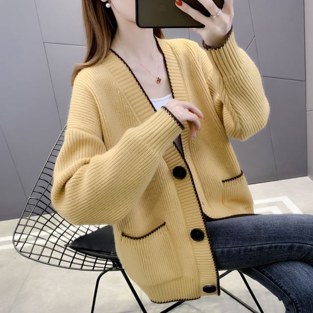 Contrast Trim Button-Up Cardigan