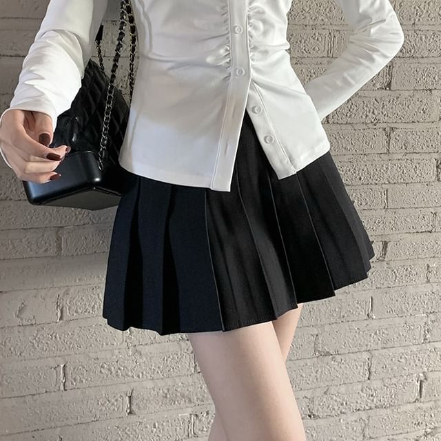 Tailored Slim-Fit Ruched Button Shirt with High-Rise Pleated Mini A-Line Skirt