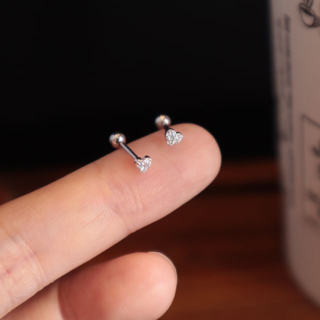 Barbell Rhinestone Earring Silver Heart Sterling