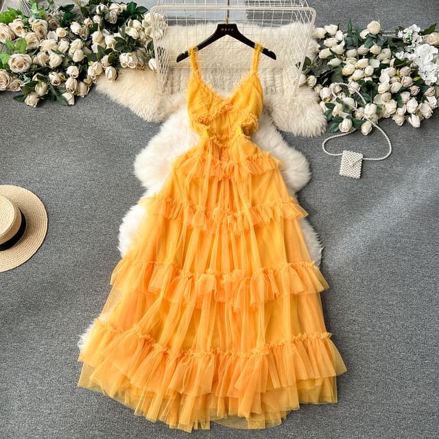 Frill Trim Tiered Open Back Mesh A-Line Maxi Dress