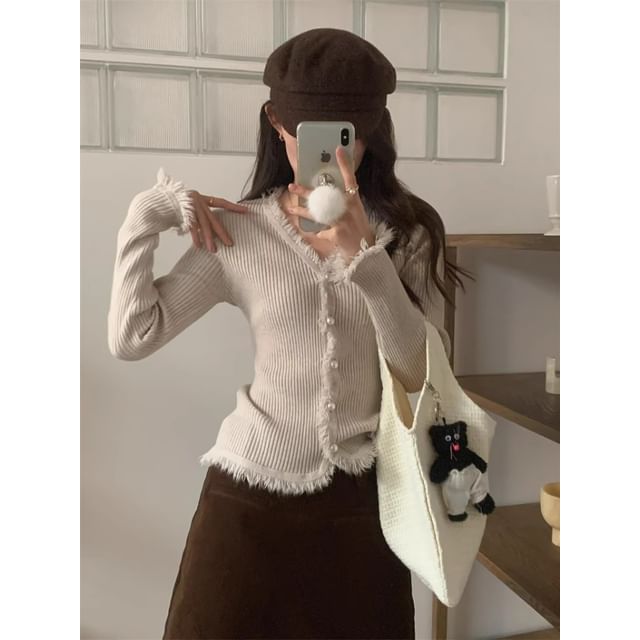 Long-Sleeve V-Neck Fringed Button Ribbed Knit Top