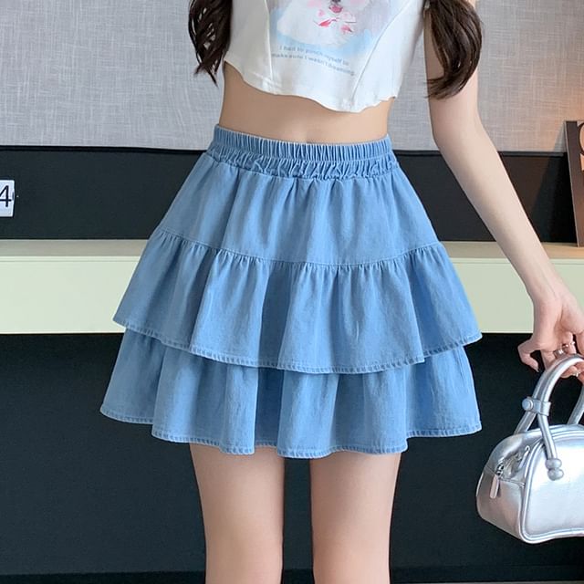 Tiered Elastic-Waist Denim A-Line Skirt