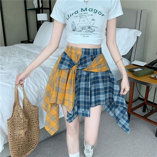 Asymmetrical Plaid Tie-Front Paneled A-Line Mini Skirt