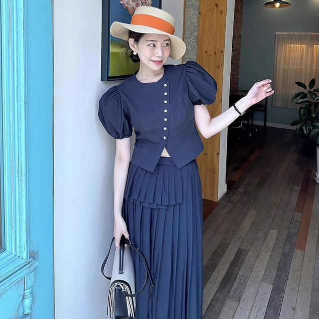 Puff-Sleeve Asymmetrical Blouse with Pleated Midi Skirt