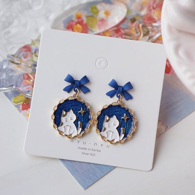 Cat Drop Earring Enamel / Bow On Clip