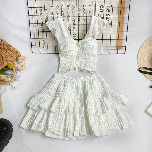 Square Neck Frilled Sleeveless Top with A-Line Mini Skirt Set