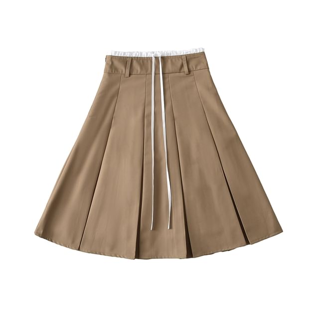 Pleated High-Waist Plain Flared Midi Skirt