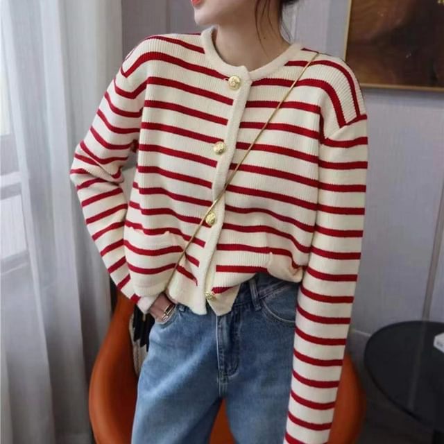 Striped Round Neck Cardigan