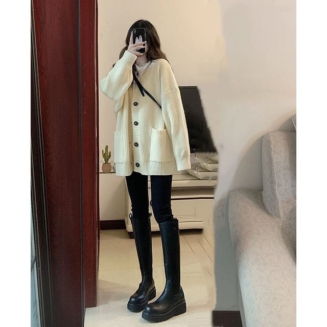 Oversized V-Neck Cardigan with Pocket Detail