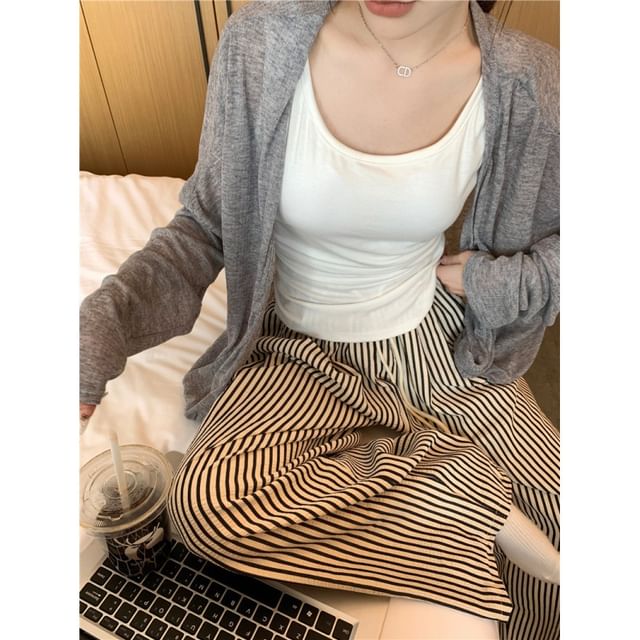 Scoop Neck Tank Top, V-Neck Cardigan & Striped Pants Pajama Set
