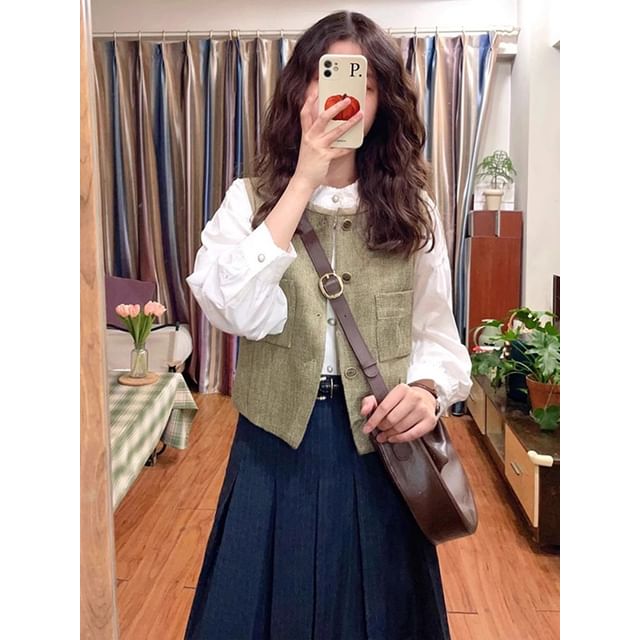Long-Sleeve Stand Collar Plain Button-Up Blouse / Round Neck Vest / High Rise Striped Pleated Midi A-Line Skirt / Set