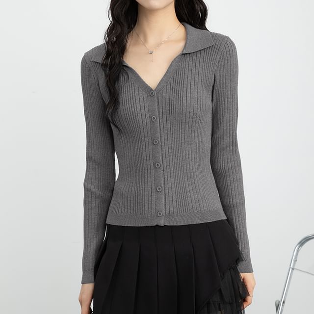 Collared V-Neck Ribbed Cardigan