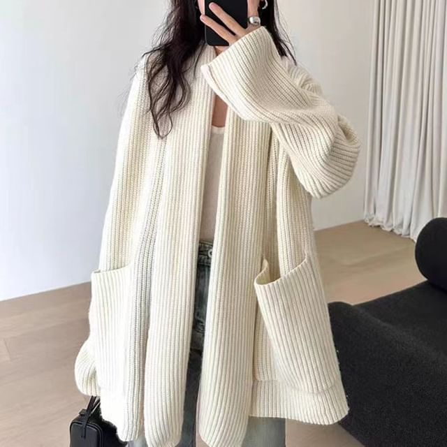 Ribbed Open Front Long Cardigan