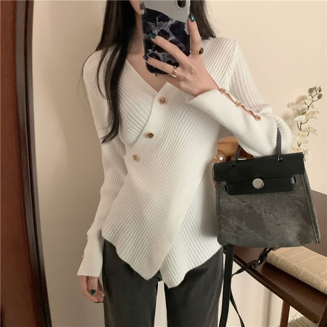 Asymmetrical Button-Front V-Neck Cardigan
