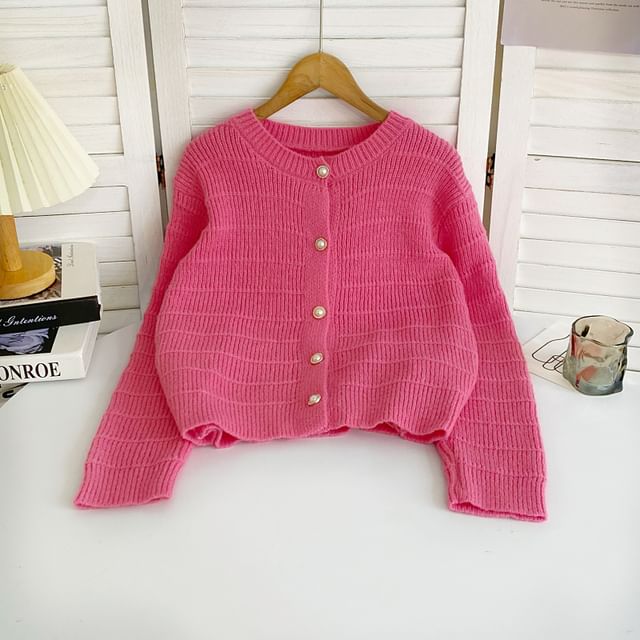 Crew Neck Solid Color Cropped Button Cardigan