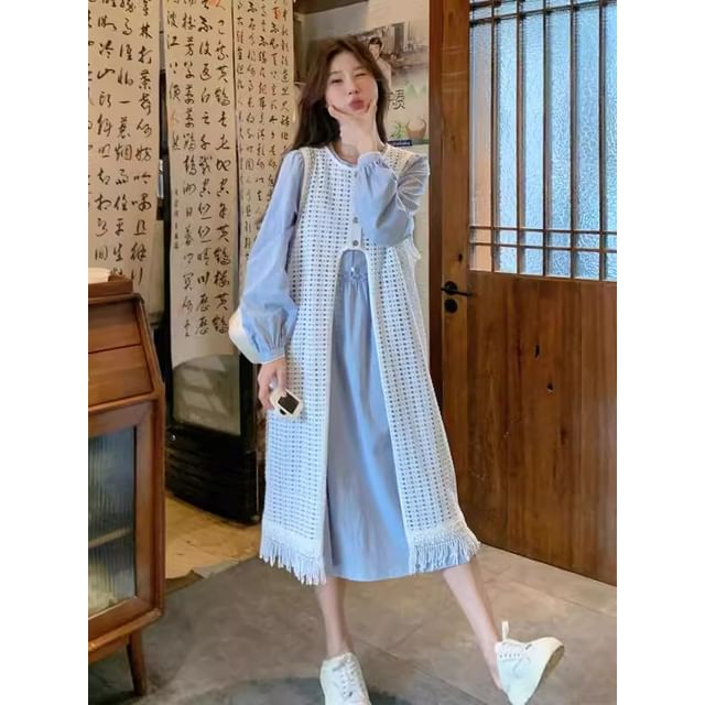 Long Sleeve Round Neck Plain Button Midi A-Line Dress / Sleeveless Round Neck Plain Fringe Long Vest / Set