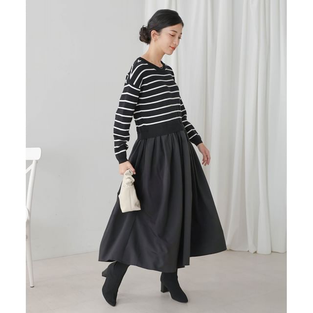 Crew Neck Striped Panel Mock Two-Piece Smock Maxi Dress