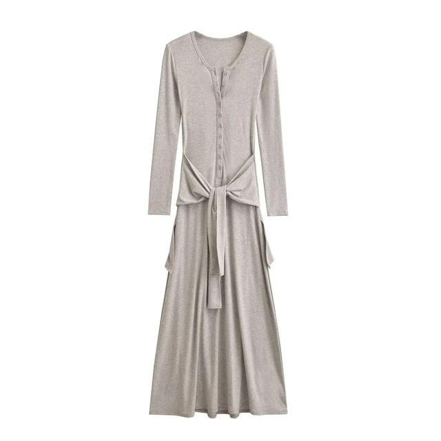 Henley Long-Sleeve Tie Waist T-Shirt Maxi Dress