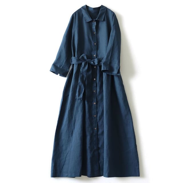 3/4 Sleeve Collared Button Down Belted Linen Maxi Dress