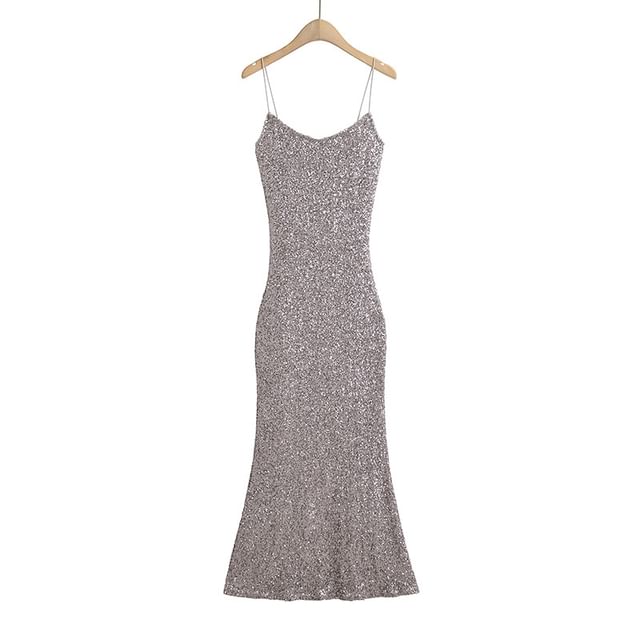 Spaghetti Strap Scoop Neck Glitter Slim-Fit Bodycon Maxi Dress