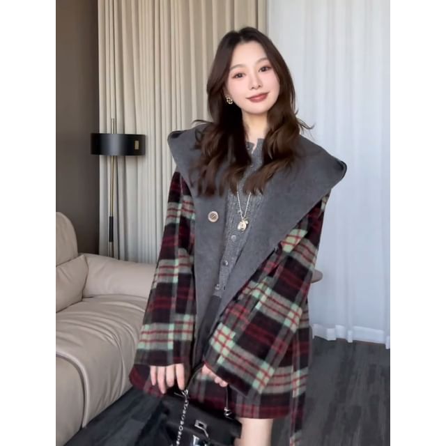 Plaid Reversible Hood Tie Front Coat