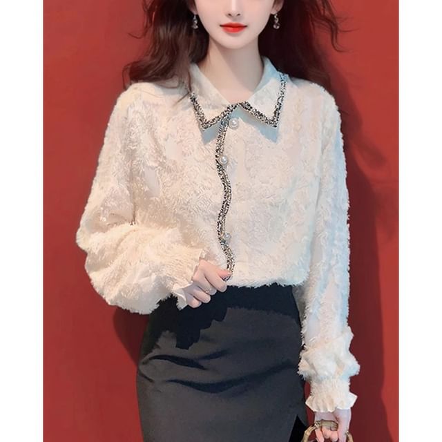Elegant Frilled Lace Long-Sleeve Shirt