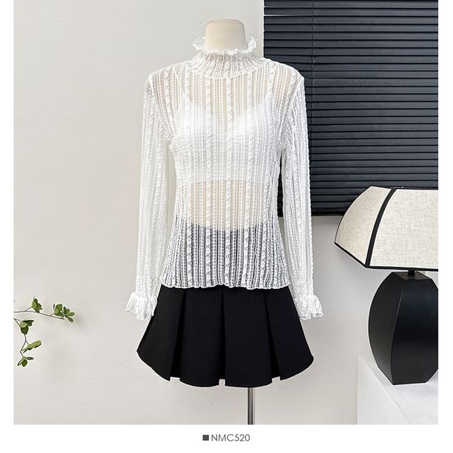 Ruffled Sheer Mock-Neck Lace Top