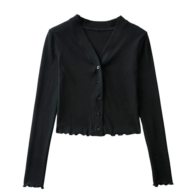 Ruffle Trim Crop V-Neck Cardigan