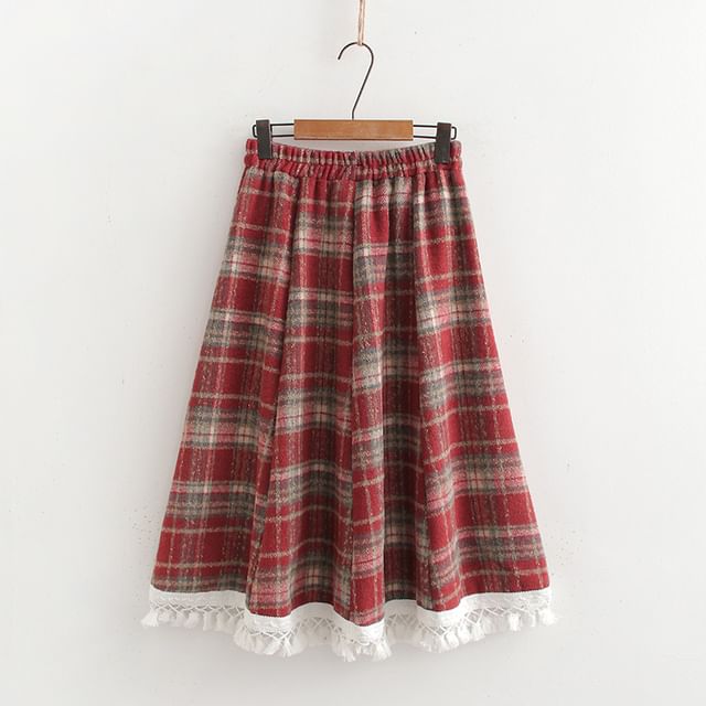 Plaid Midi A-Line Skirt with High Waist
