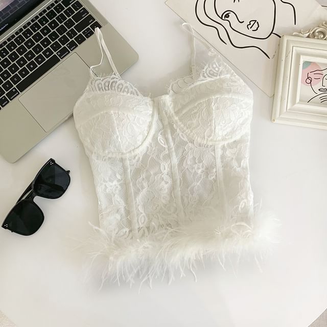 V-Neck Lace Trim Fluffy Hem Corset Top