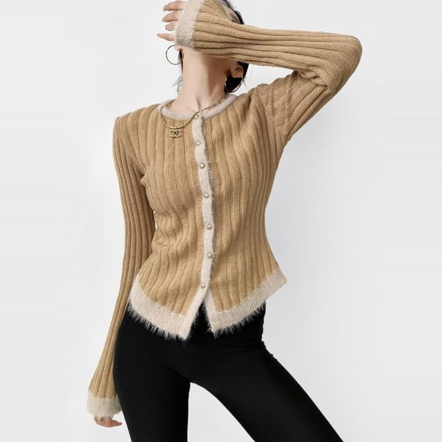 Fluffy Trim Round Neck Button Up Cropped Cardigan