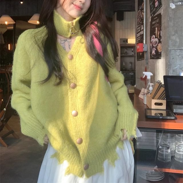 V-Neck Distressed Button-Up Cardigan & Choker Set